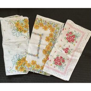 Vintage Floral Handkerchiefs Lot of 3 Yellow Pink Roses Daisies Made USA 50/50